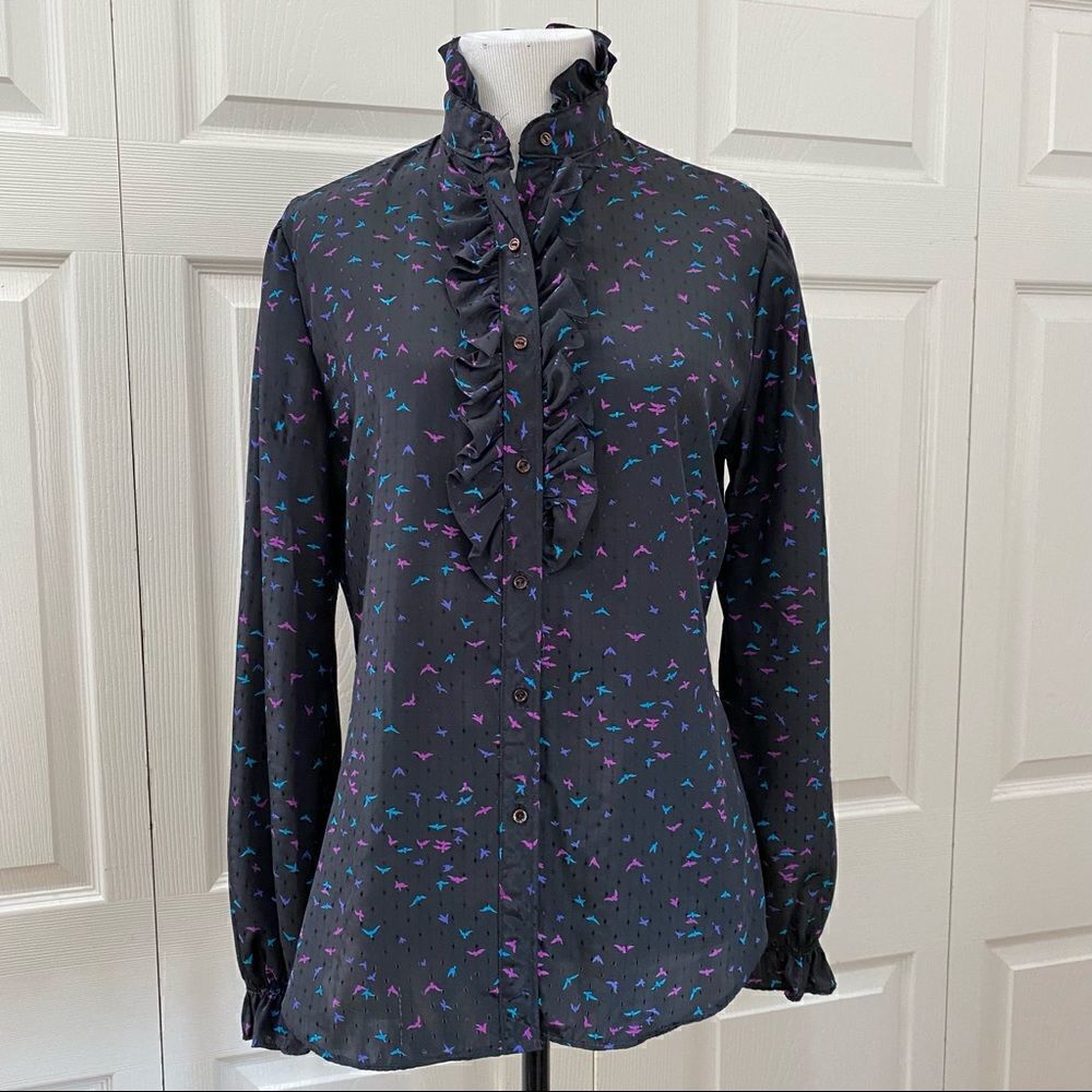 Vintage Langtry Black Ruffled High Neck Button Down Blouse